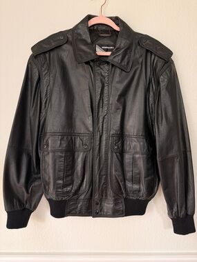 Members Only Black Leather Flight-Style Bomber Jacket Classic Retro Biker M 42